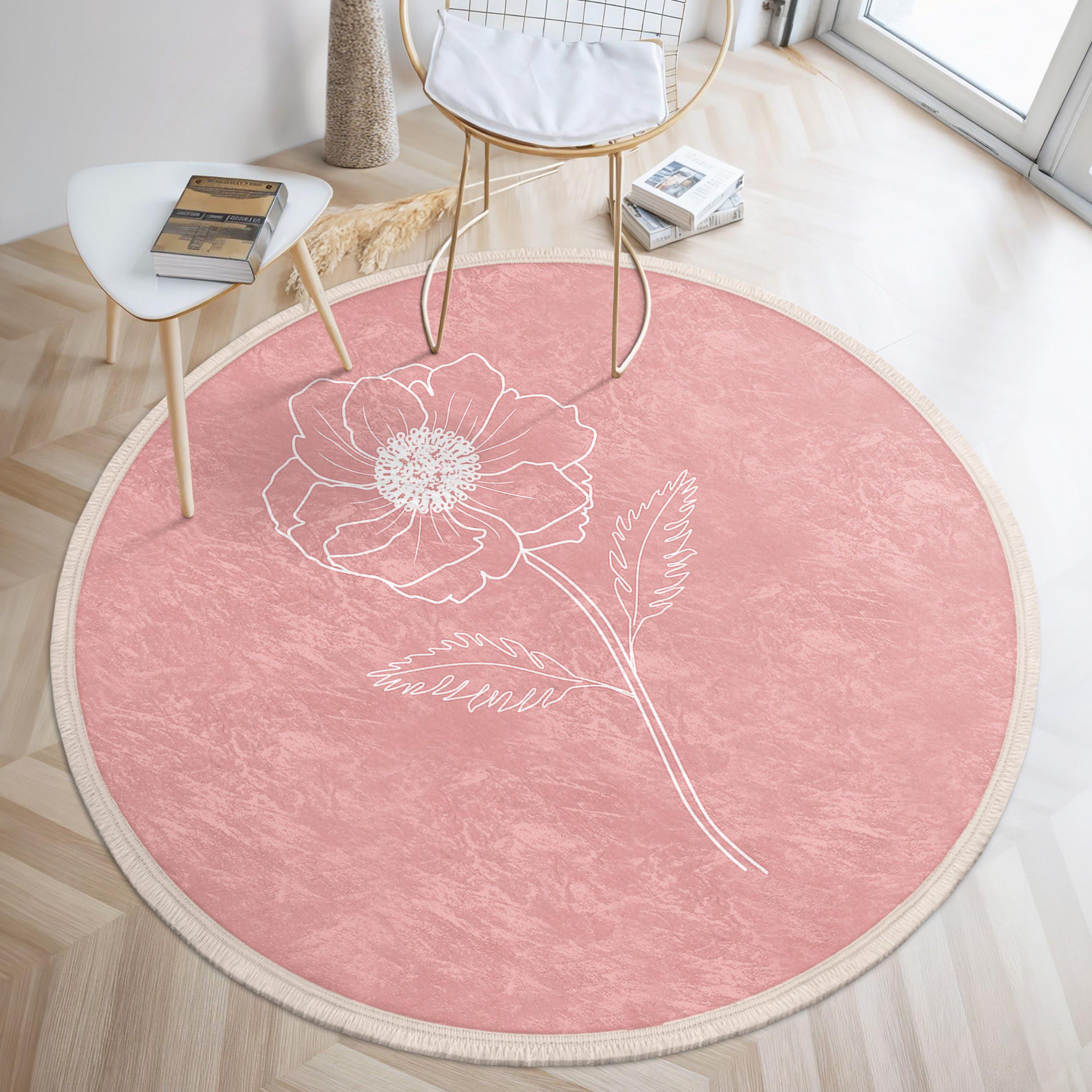 Floral Blush Pink Round Rug - White Flower Line Art Circle Mat 