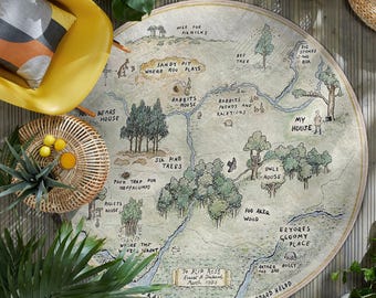 Winnie Forest Map Round Rug - Pooh 100 Acre Map Round Carpet-Woodland Forest Map Kids Play Mat-Rabbit Bear on Forest Storybook Circle Carpet