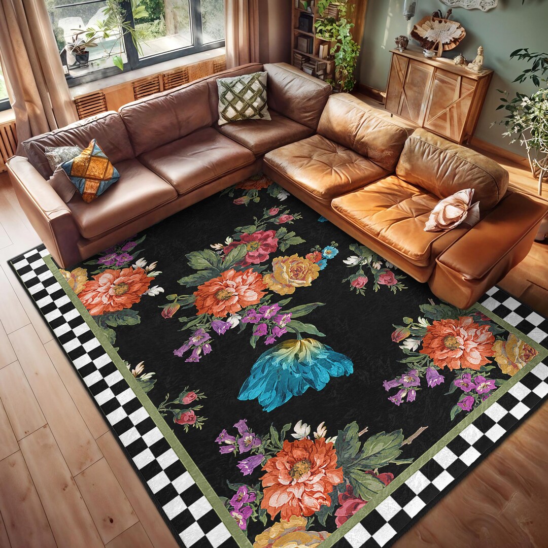 Floral Design Area Rug - Checkerboard Border Accent Carpet - Botanical ...