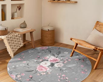 Vintage Floral Gray Round Rug - Floral Pattern Circle Carpet
