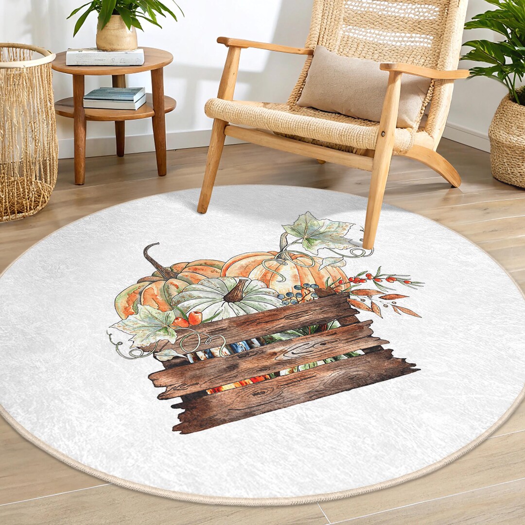 Rustic Fall Pumpkin Round Rug - Nature Wood Crate Circle Carpet ...