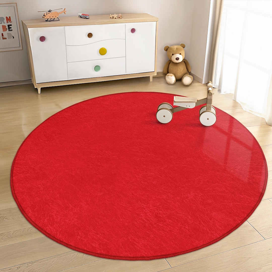 Red Vibrant Kids Room Round Rug - Bold Solid Circle Carpet-elegant ...