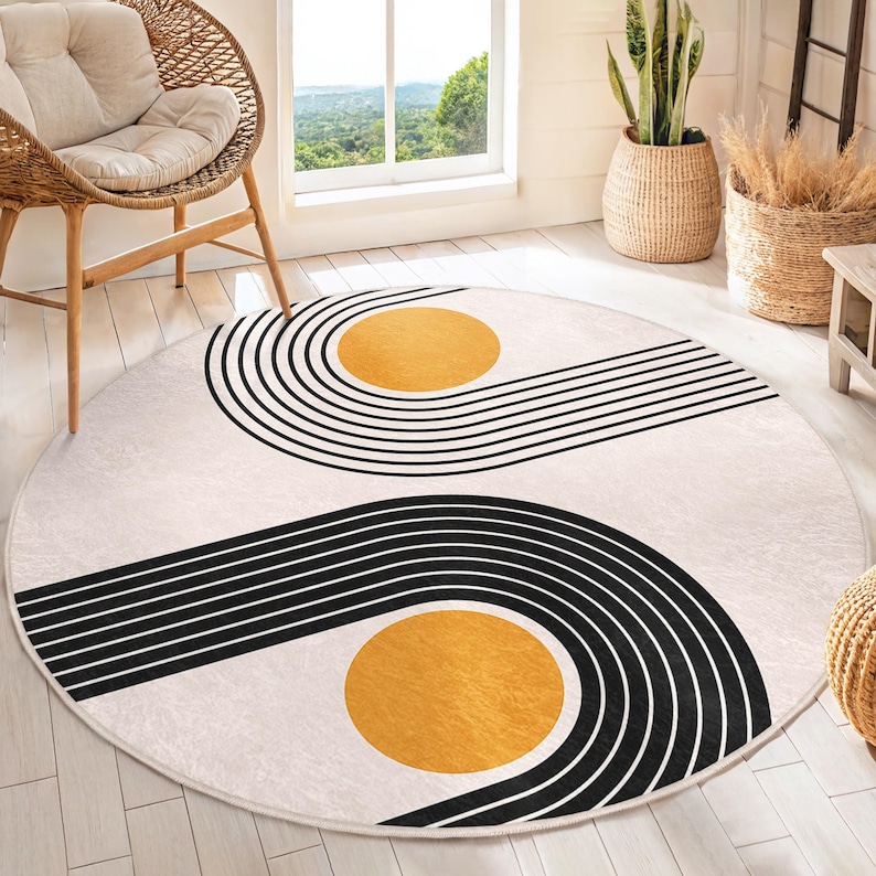 Personalizable Curved Lines Rug - MidCentury Circle Ca - Washable Round Rug