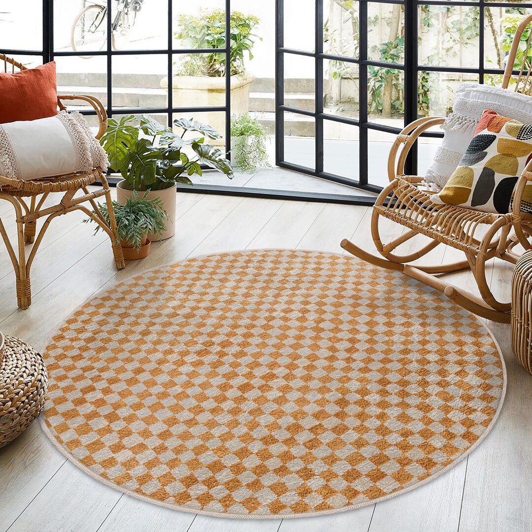 Tan Round Rug Checkered Orange Beige Round Rug - Diamond Circle Carpet - Geometric ...