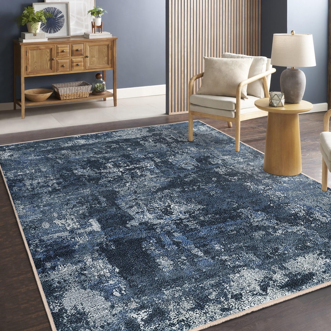 Blue Textured Abstract Area Rug - Slate Marbled Patterns Accent Carpet ...