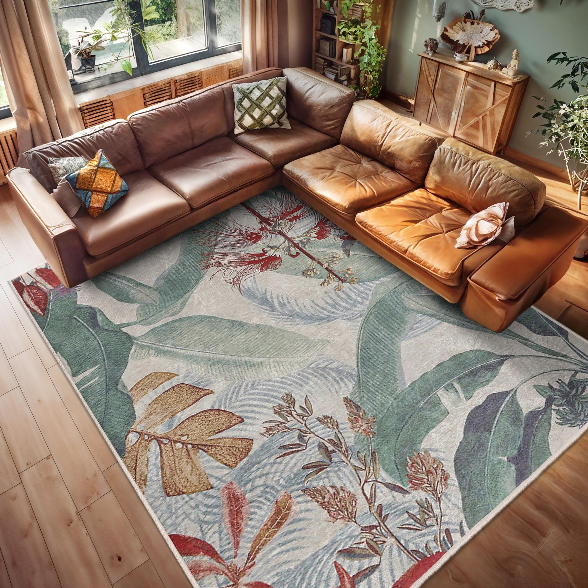 Leaves Botanical Accent Rug - Green Foliage Art Carpet -Nature Inspired Floor Mat-Tropical Oasis Area Rug-Floral Throw Rug-Tropical Room Mat