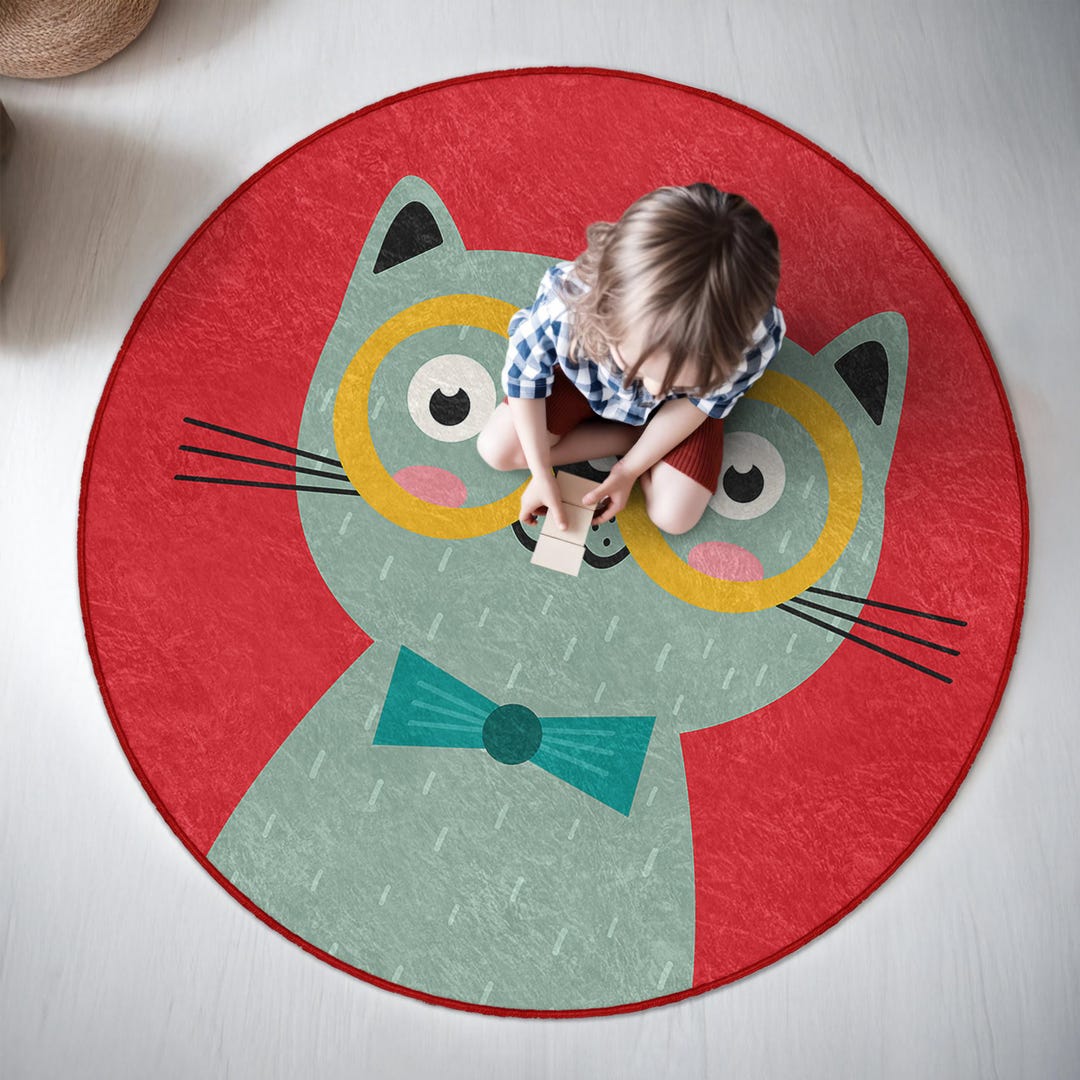 Whimsical Cat Kids Room Round Rug - Funny Glasses Bow Circle Carpet ...