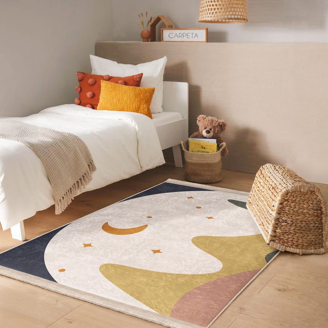 Abstract Moon Rugs Geometric Moon Stars Beige Rug - Night Sky Abstract Pattern Carpet ...