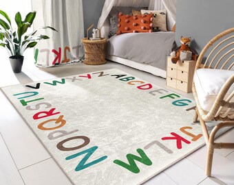 Tapete com design de borda de alfabeto - Tapete infantil com letras divertidas - Tapete colorido para berçário - Tapete branco giz - Tapete moderno com detalhes de aprendizagem