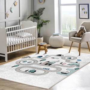 Children&#39;s Play Road Rug - Kids Car Track Carpet - Adventure Nursery Area Rug - White Design Anti-Slip Mat - Cozy Kids Room Accent Rug