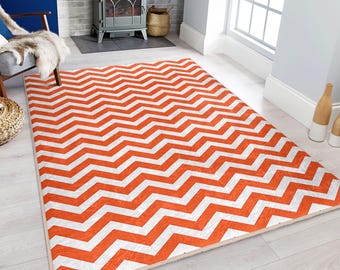 ジグザグオレンジエリアラグ - ホワイトシェブロンカーペット - カーブ