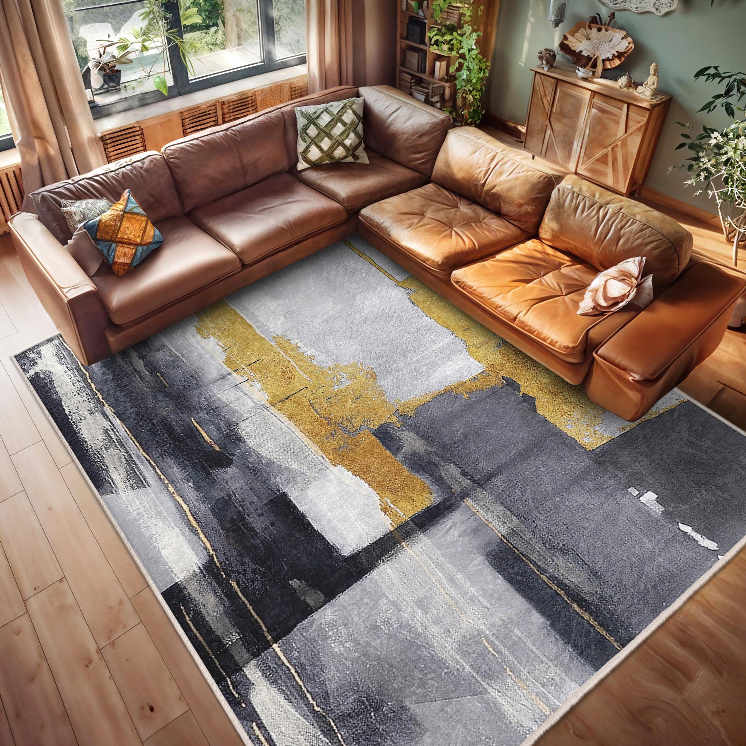 Modern Abstract Art Rug - Dramatic Brushstroke Gold Pattern Living Room ...