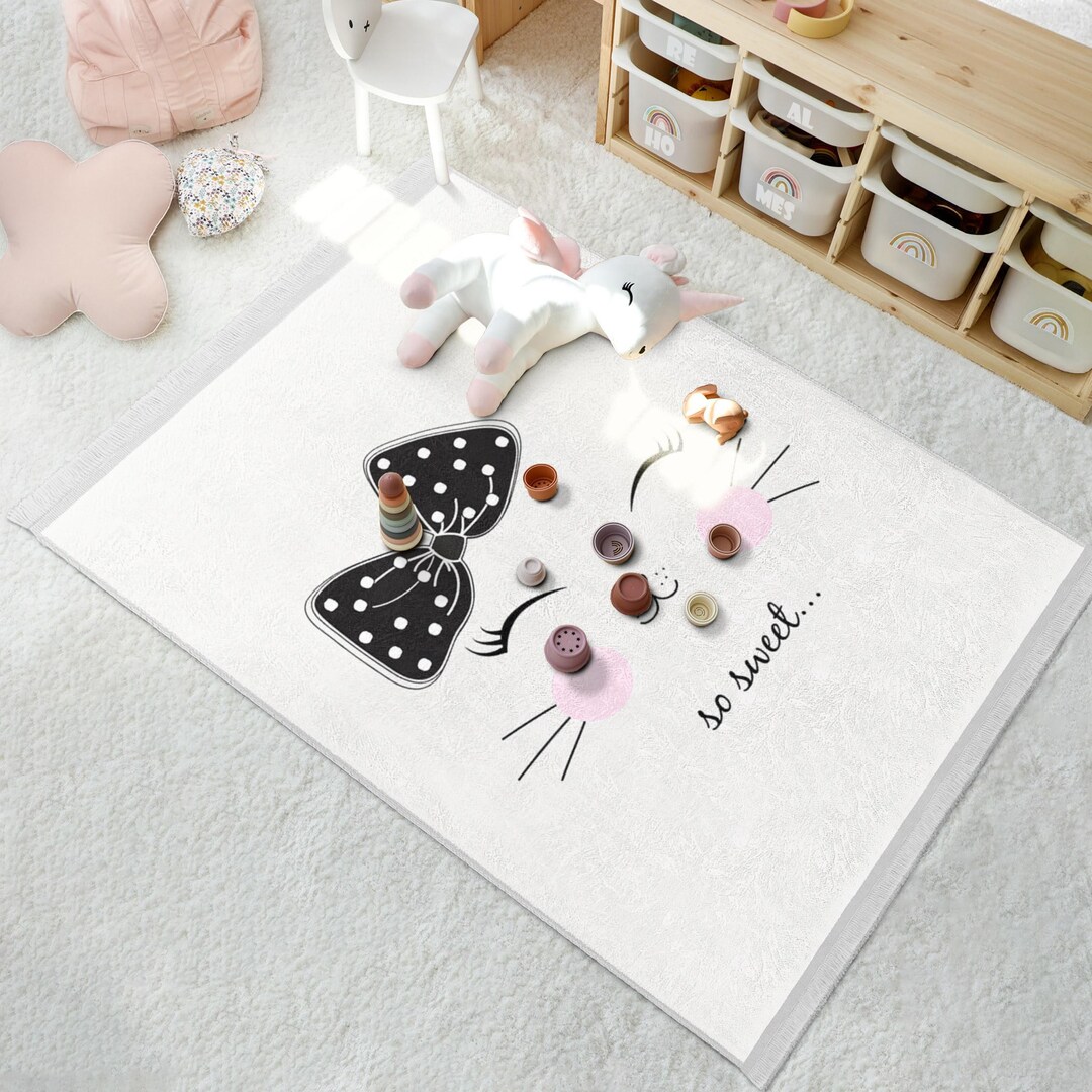 Playful Kitty Design Rug-polka Dot Whiskers Pattern Mat-white Nursery ...