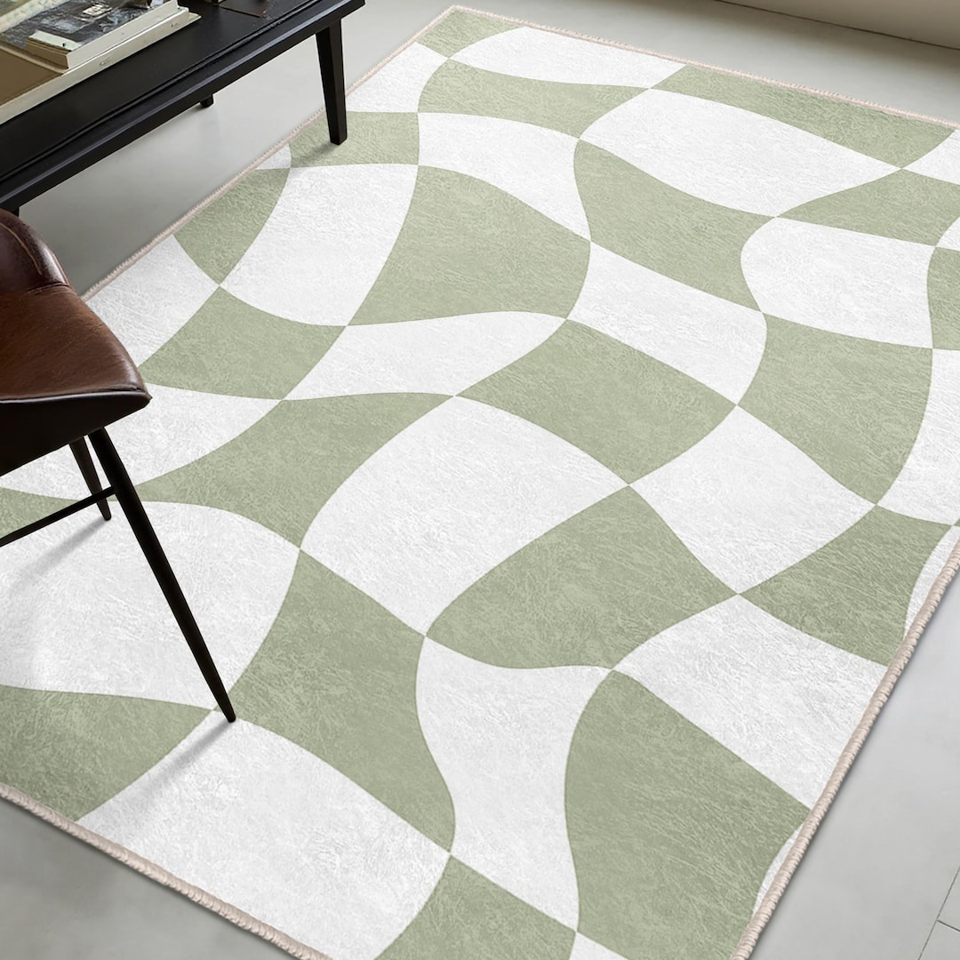 Curved Geometric Green Rug - Wavy Modern Design Carpet - Abstract ...