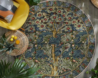 Morris Tree of Life Round Rug - Blue Botanical Leaves Circle Carpet - Floral Accent Rug - Decorative Nature Round Mat -Bohemian Washable Rug