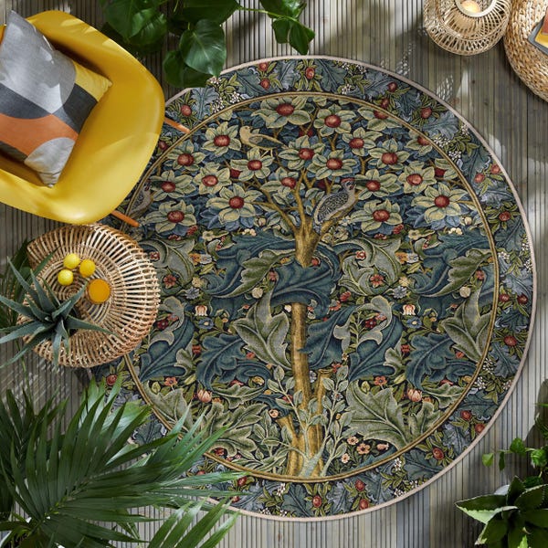 Morris Tree of Life Round Rug - Blue Botanical Leaves Circle Carpet - Floral Accent Rug - Decorative Nature Round Mat -Bohemian Washable Rug