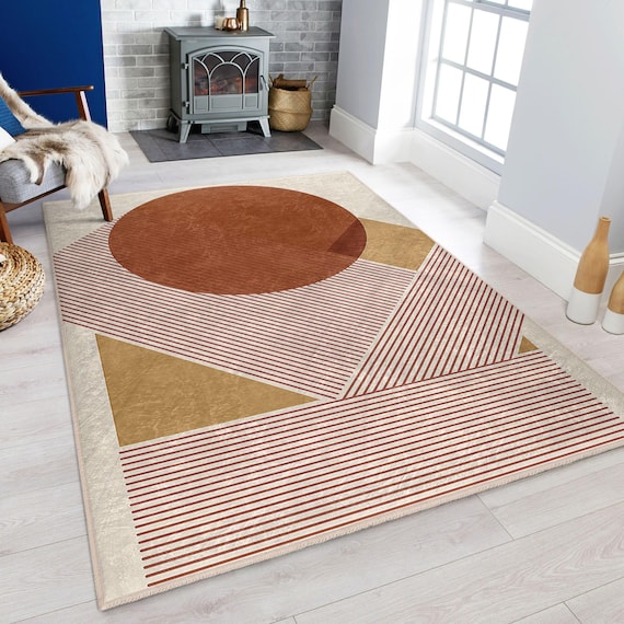 Geometric Beige Area Rug - Circle Triangle Stripes Mat - Modern Abstract Carpet - Red Artistic Anti-Slip Area Mat - Vintage Inspired Rug