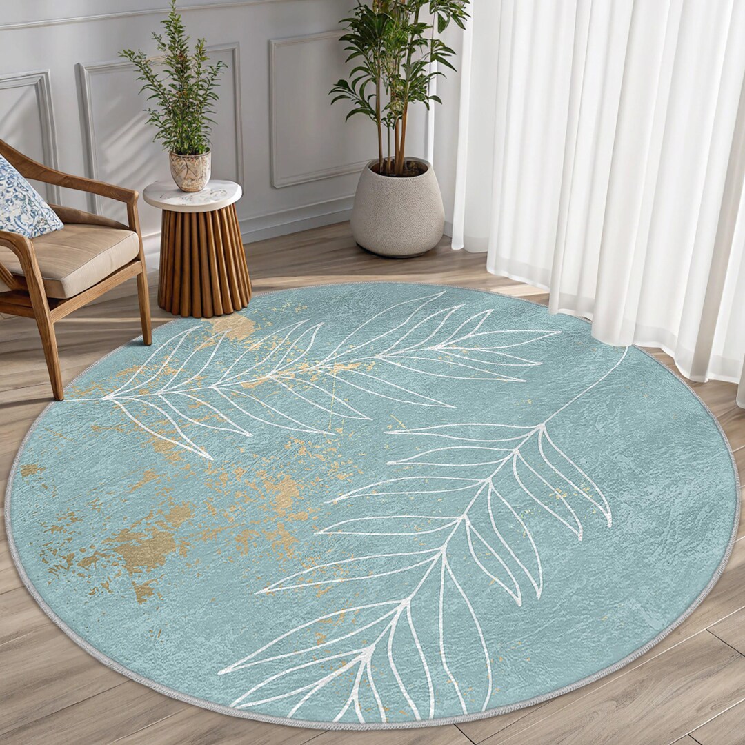 Aqua Leafy Oasis Round Rug-nature Inspired Leaf Pattern Accent Rug-gold ...