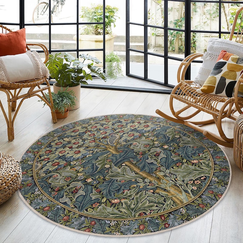 Morris Tree of Life Round Rug - Blue Botanical Leaves Circle Carpet ...