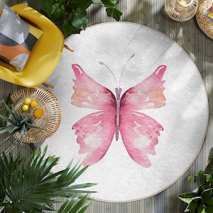 Pink Butterfly Design Round Rug - Symmetrical Wings Minimal Style Oval Mat - Accent Rug - Pastel Colors Circle Carpet-Floral Theme Round Mat