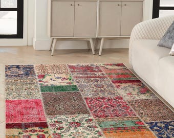 Vintage Patchwork Area Rug - Multicolor Floral Accent Rug - Boho