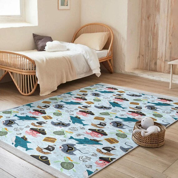 Pirate Adventure Ocean Theme Rug - Colorful Sharks Pirates Turtles Mat-Carpet for Kids Rooms-Area Rug Soft Playful Design-Boys Bedroom Decor