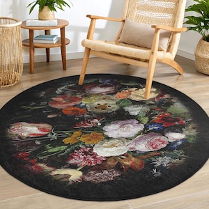 Florale Eleganz Dunkler Runder Teppich - Florale Blüte Künstlerischer Kreis Matte - Dunkler Botanischer Runder Teppich-Bunter Blumenteppich-Vintage Garten Runder Teppich