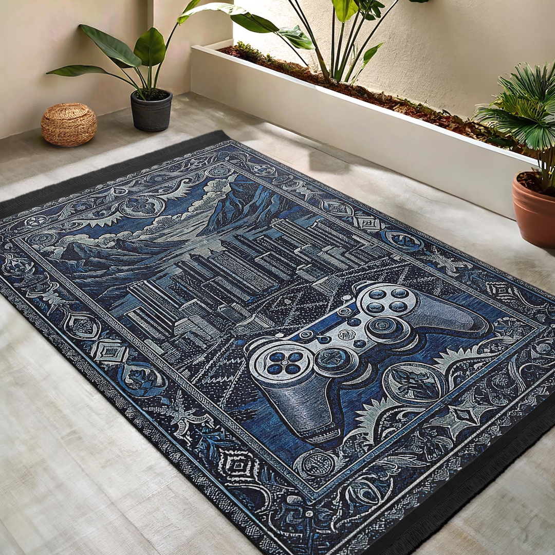 Gamingo Rug Blue Skyline Gaming Rug - Urban Controller Pattern Mat - Futuristic Non ...
