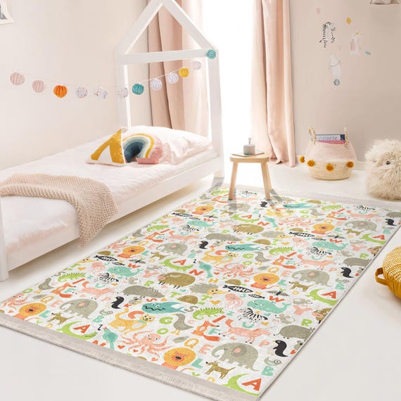 Animal Alphabet Learning Rug - Colorful Safari Creatures Mat-Kids Room Carpet-Playful Area Rug-Washable Accent Mat-Bright Educational Design