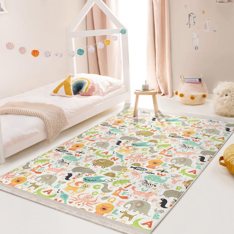 Animal Alphabet Rug - Kids Learning Rug - Washable Carpet