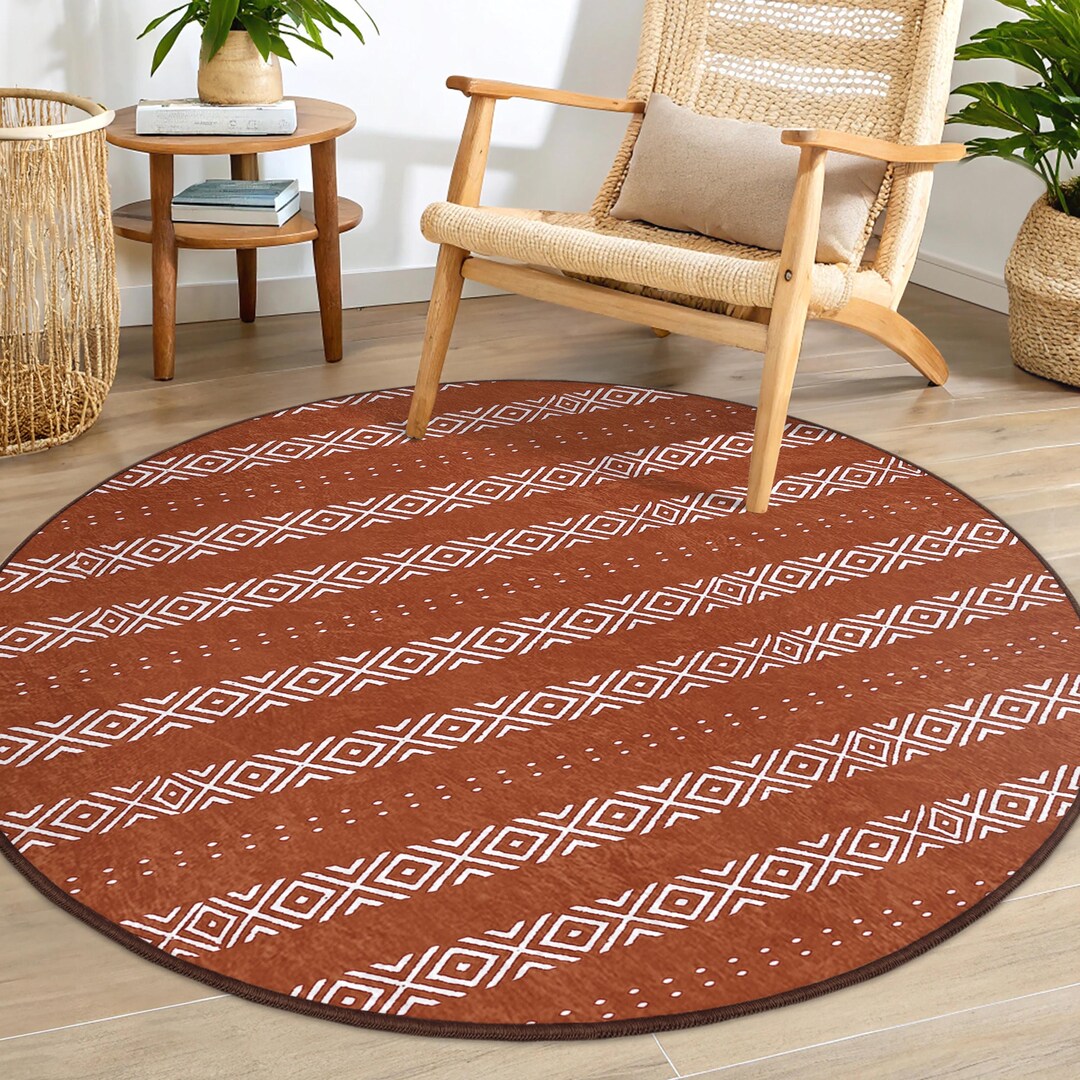 Geometric Tribal Brown Round Rug-diamond Stripe Pattern Circle Mat-chic ...