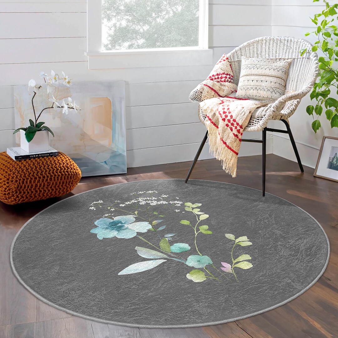 Elegant Floral Gray Round Rug - Nature Inspired Botanical Pattern ...