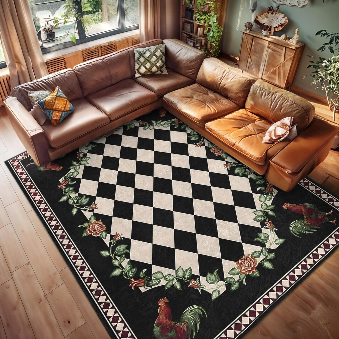 Rooster Checkered Accent Rug - Floral Black Runner -leafy Non Slip ...