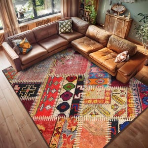Lapptäcke flerfärgad matta - etnisk geometrisk accentmatta - färgglad plädmatta - boho golvmatta - livfull rumsmatta - persiskinspirerad matta