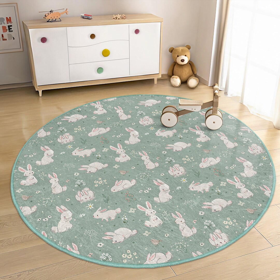 Floral Bunny Kids Room Round Rug - Pastel Rabbits Floral Circle Carpet ...