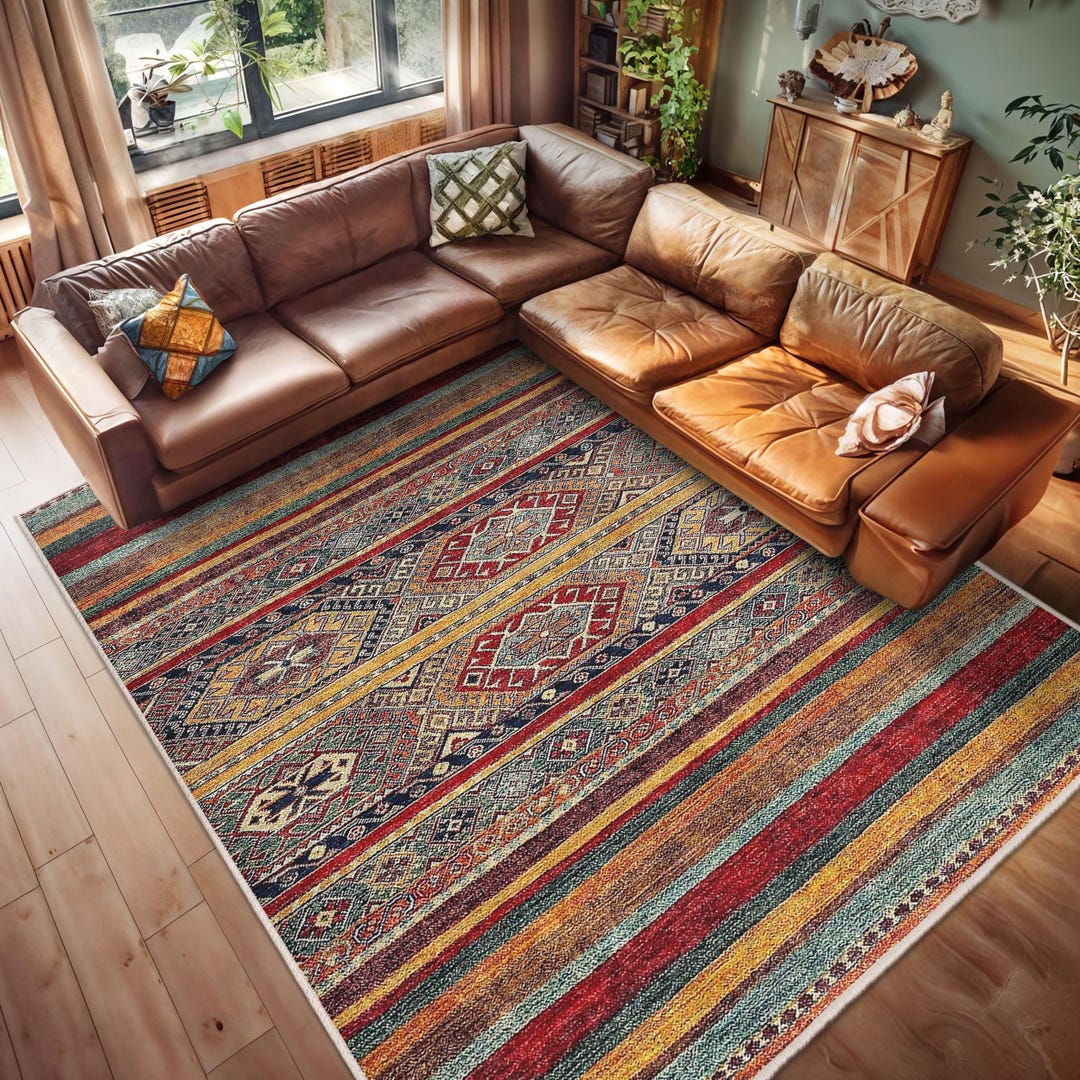 Striped Southwestern Area Rug - Geometric Tribal Accent Carpet - Ethnic ...