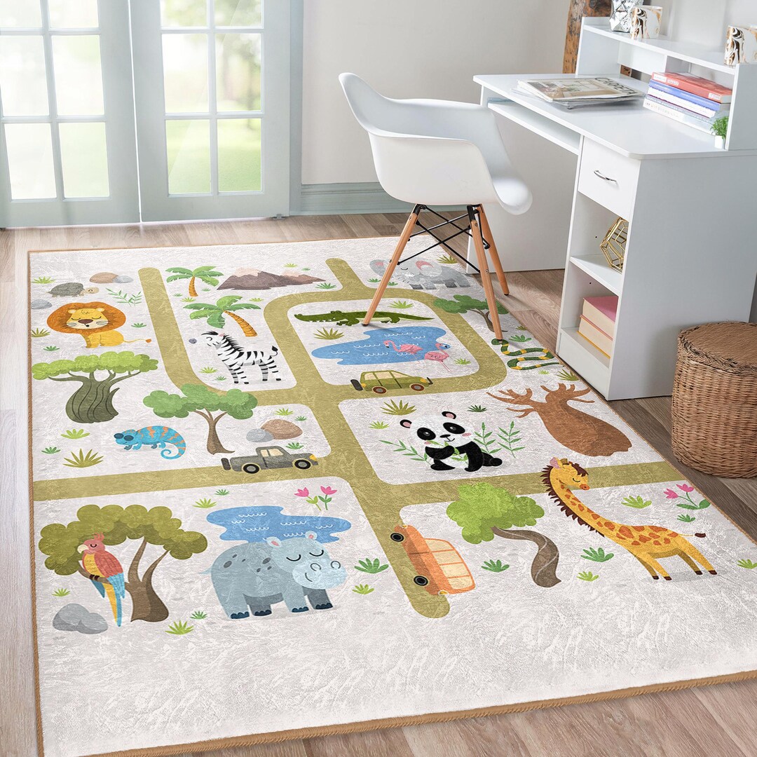 Jungle Safari Adventure Rug - Animal Road Map Pattern Mat - Colorful ...