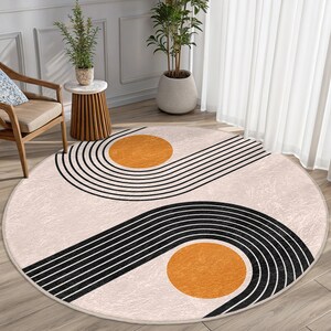 Black Lines Round Ru - Orange Accent Carpet - Curved Lines Rug Gift
