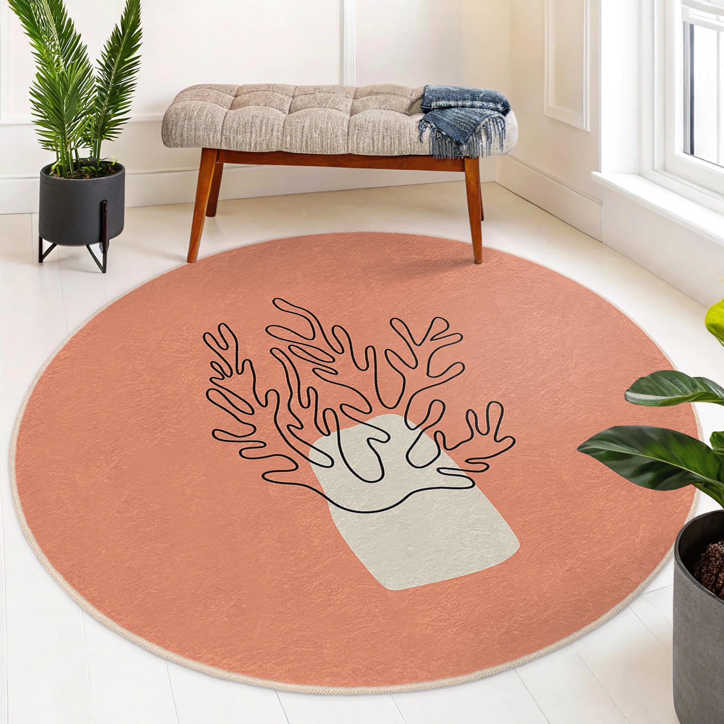 抽象的なコーラルデザインのラウンドラグ - モダンな花瓶柄の円形