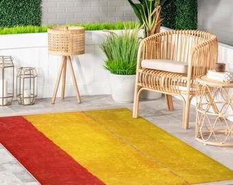 Modern Red Yellow Accent Rug - Color Block Rectangle Carpet