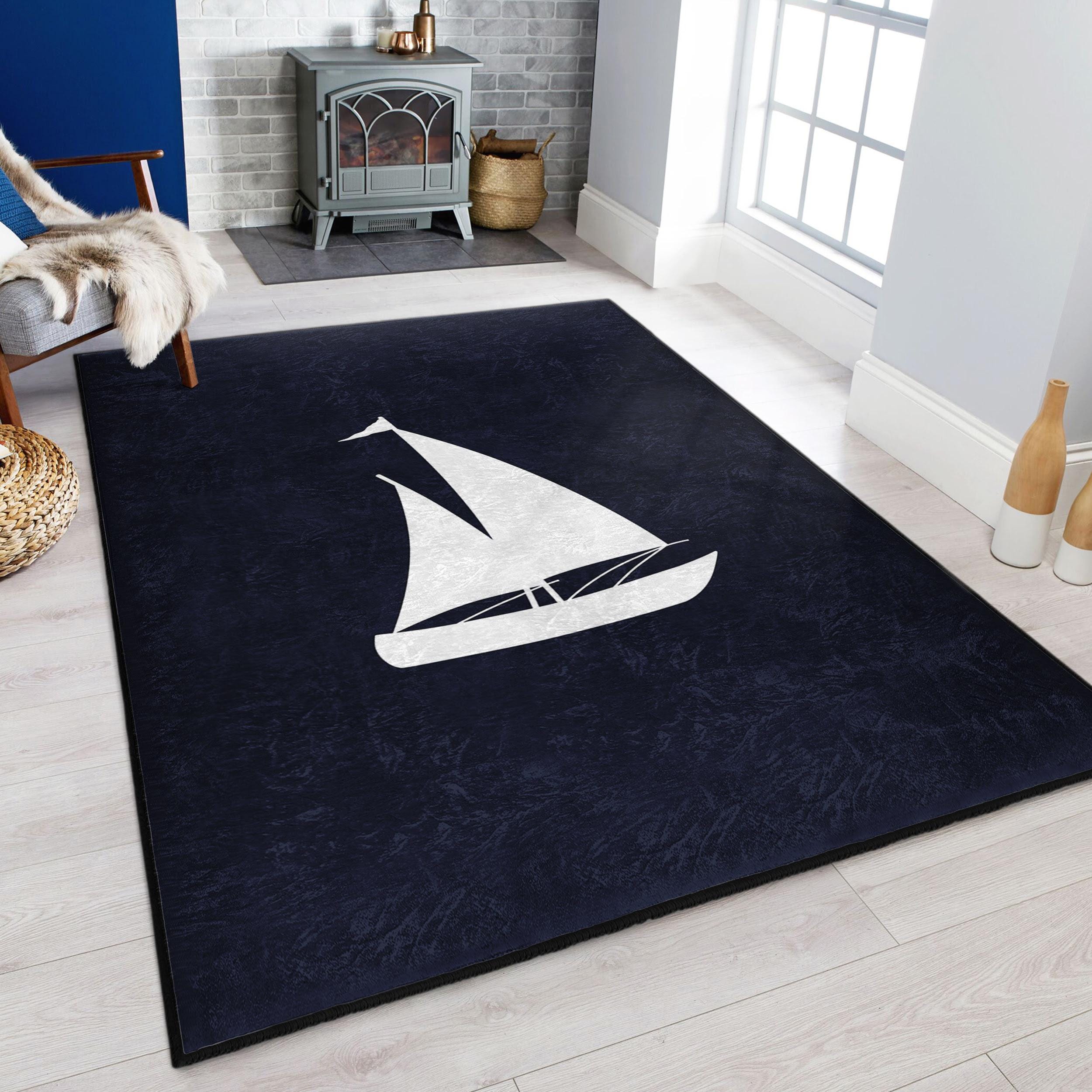 Nautical Sailboat Accent Rug - Sail Design Dark Surface Mat - Navy ...