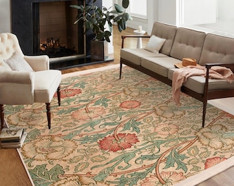 William Morris Artsy Scetch Area Rug-Victorian Floral Area Rug-Green Leaf Flower Mat-Botanical Accent Carpet-Aesthetic Beige Washable Runner
