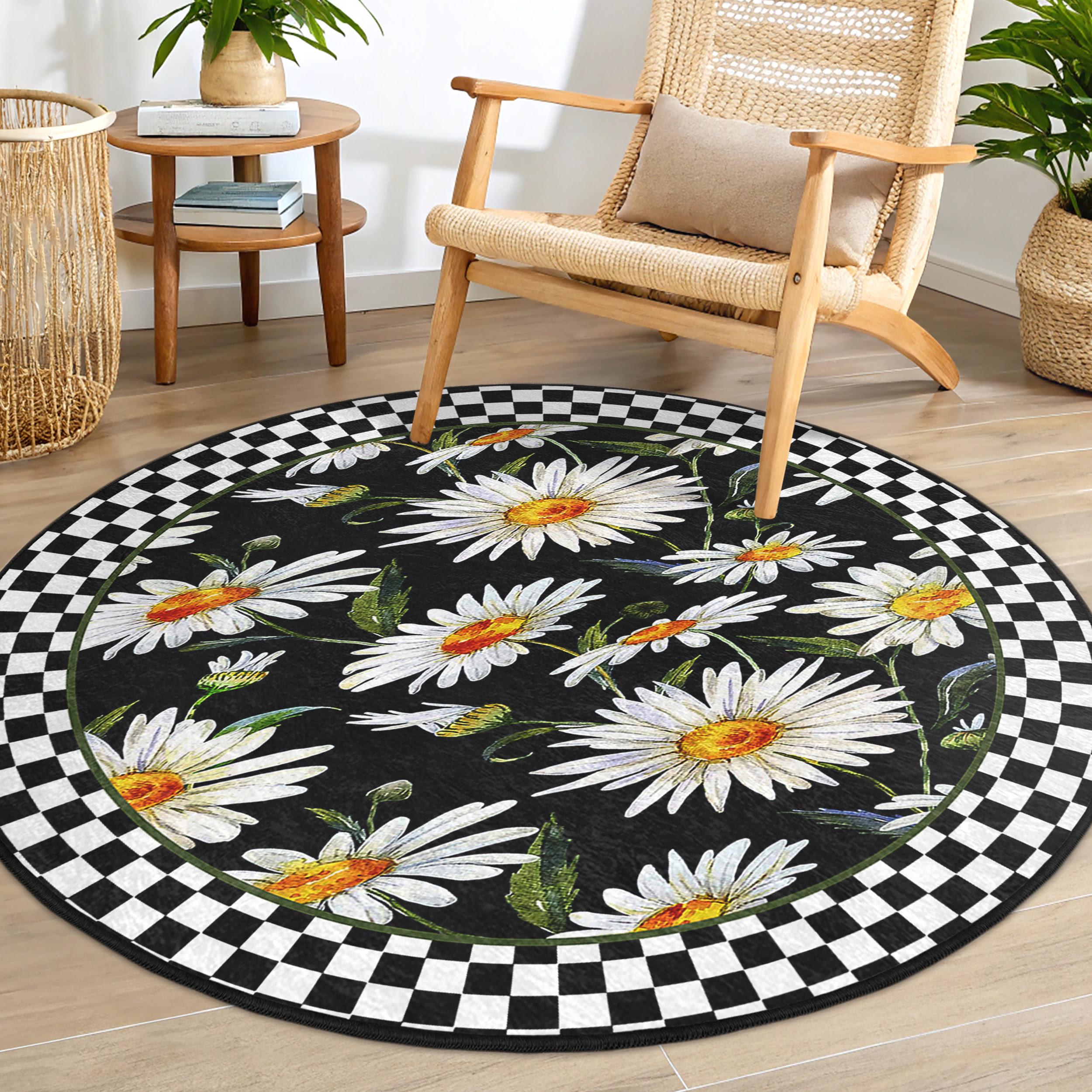Bedroom Round Rug - Light Beige Daisy Pattern Round Rug For Bedroom ...