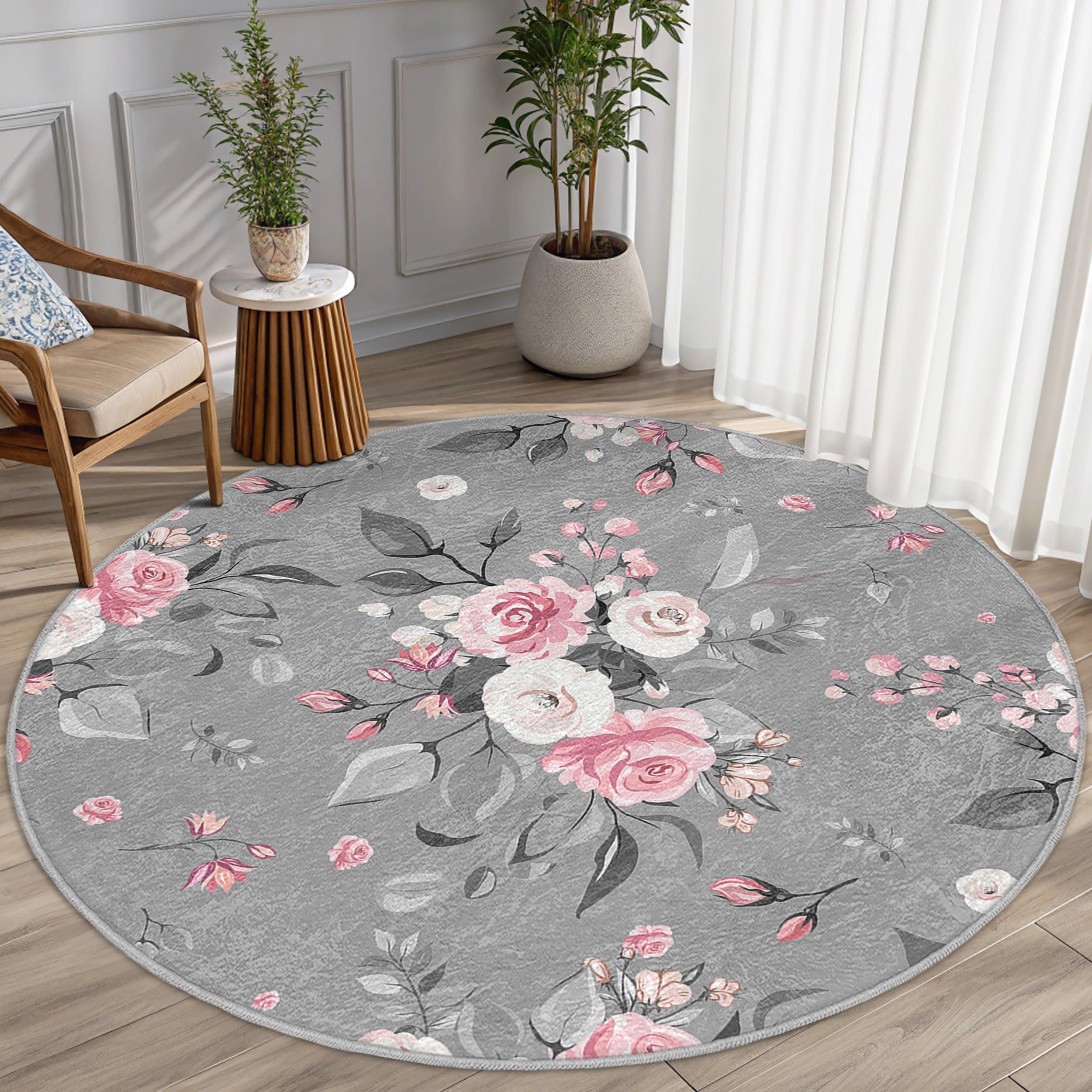 Vintage Floral Gray Round Rug - Floral Pattern Circle Carpet