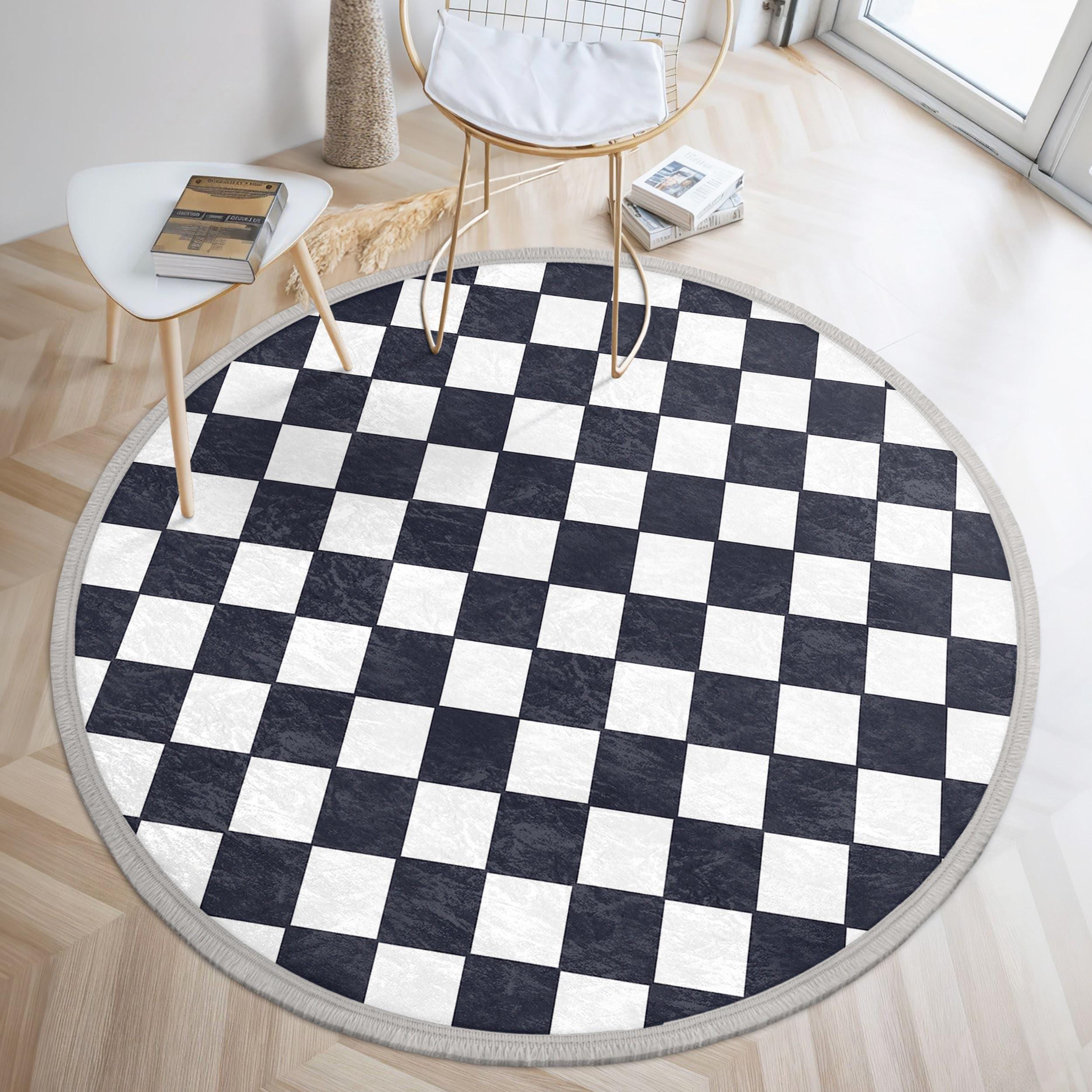 Black White Checkered Round Rug-bold Chessboard Pattern Circle Mat ...