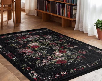 Alfombra vintage con diseño floral negro - Alfombra con estampado de rosas vibrantes - Alfombra decorativa con flores rojas - Alfombra artística para el piso - Alfombra cuadrada para la sala de estar