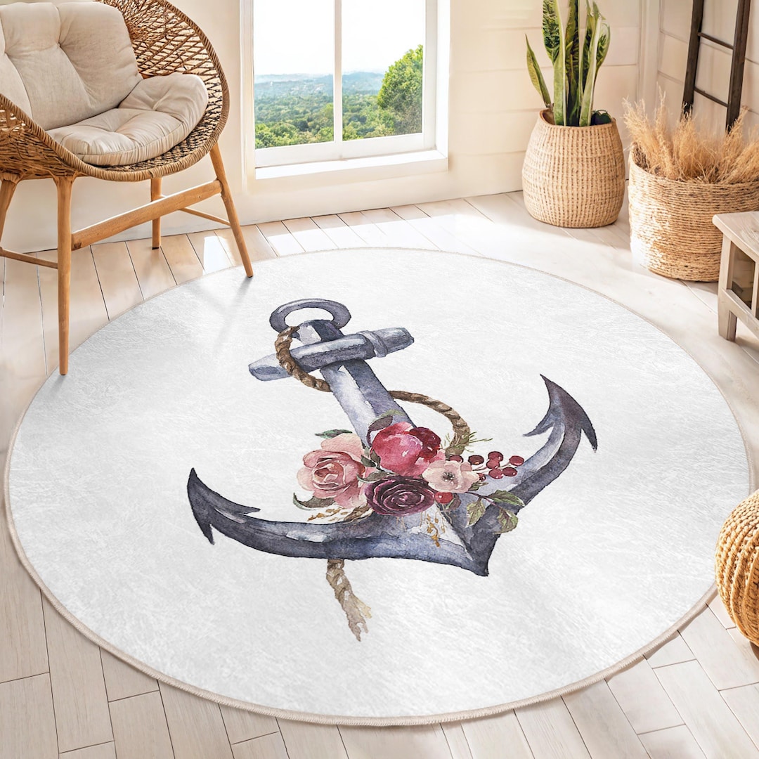Nautical Anchor Floral Round Rug - Coastal Anchor Rope Design - White ...