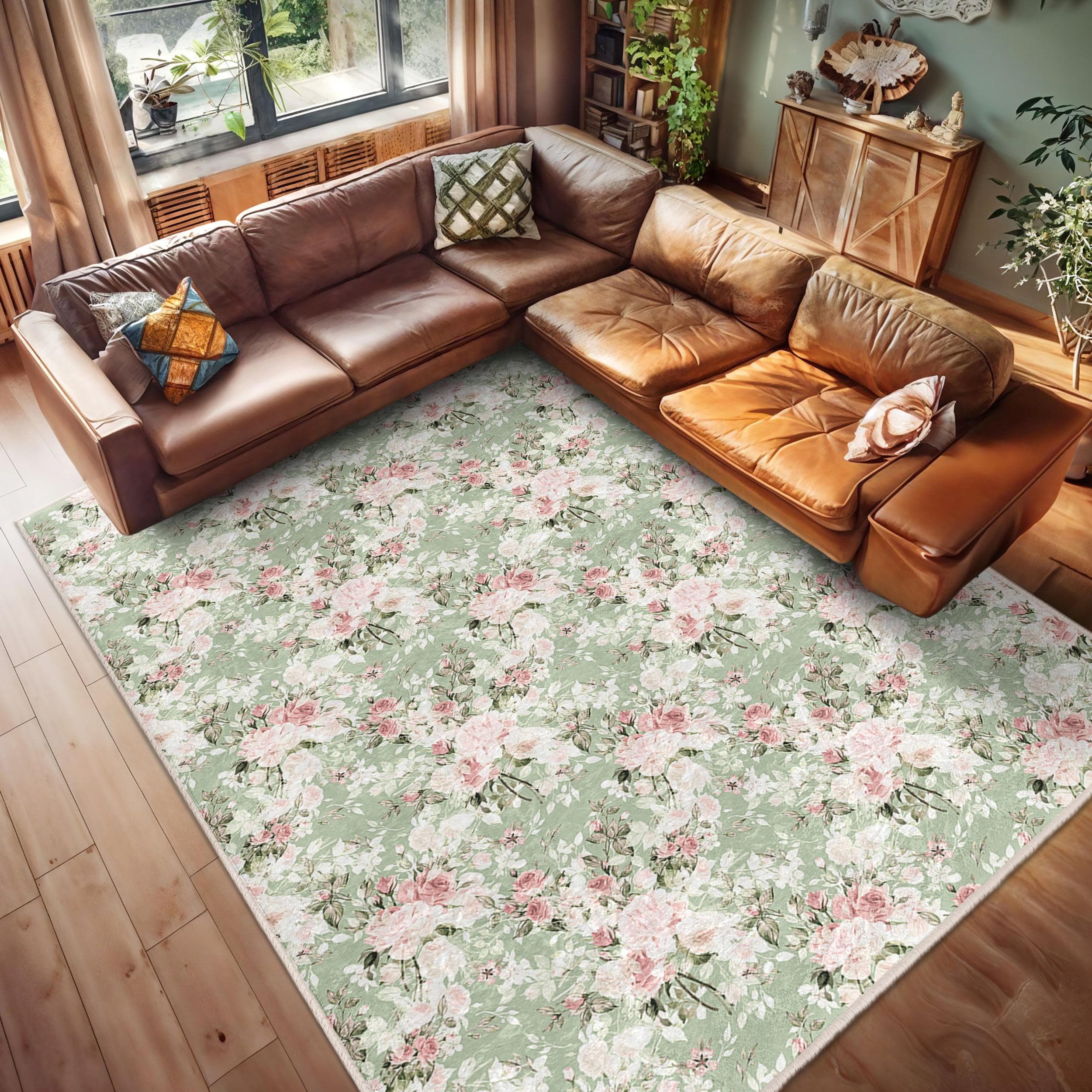 Floral Green Botanical Area Rug-vintage Pink Rose Motif Mat