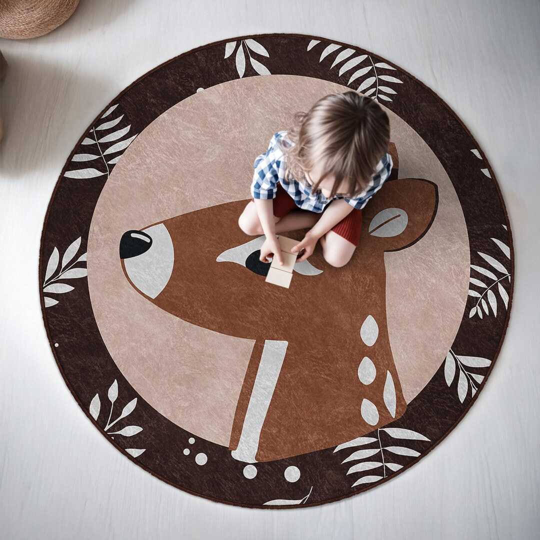 Brown Deer Circle Kids Room Round Rug - Fawn Leaf Pattern Circle Carpet ...