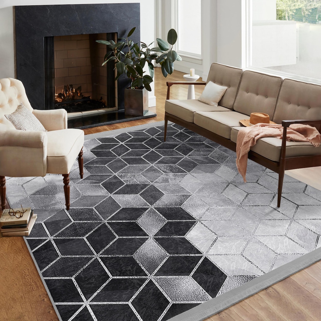 Hexagonal Pattern Rug Hexagonal Gradient Area Rug - Black Geometric Floor Mat - Monochrome ...